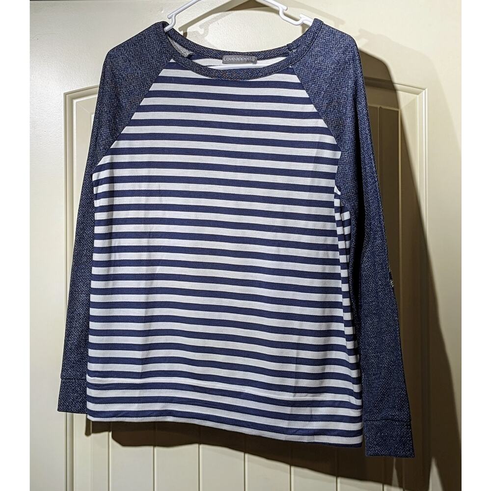 Loveappella Malbec Elbow Patch Blue Striped Knit Top Womens Sz M